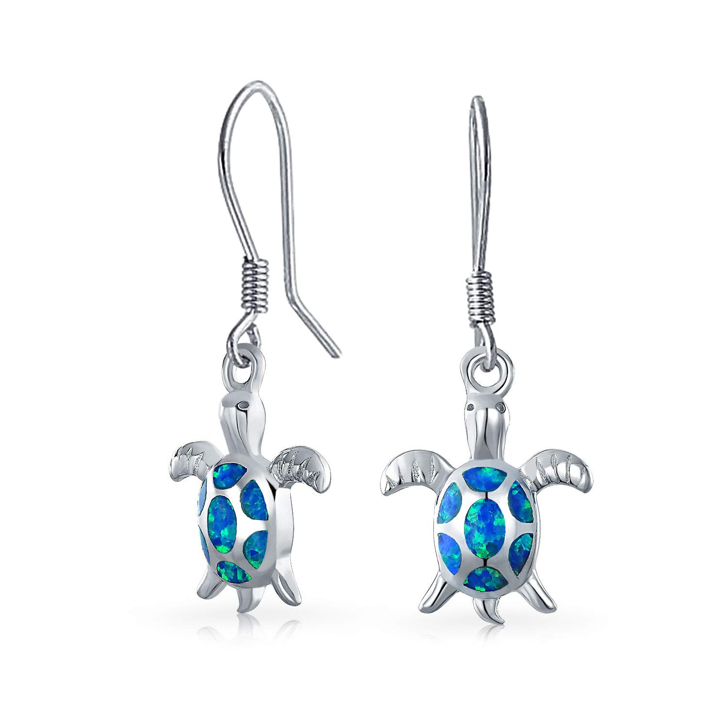 Nautical Aquatic Tropical Beach Vacation Iridescent Blue Created Opal Inlay Sea Tortoise Turtle Dangle Drop Earrings For Women Teen .925 Sterling Silver Fish Hook — image 1