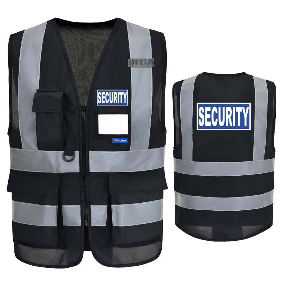 SECURITY Hi Vis Vest - Black High Visibility Safety Vest with Zipper Pocket