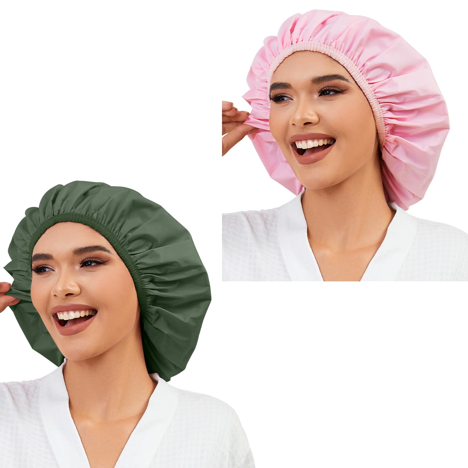 Photo 1 of 2 Pack Shower Caps for Women, Reusable Waterproof Shower Cap with Elastic Band, Thickened Waterproof Fabric Shower Bonnet for Braids, Long Hair (Pink and Green)