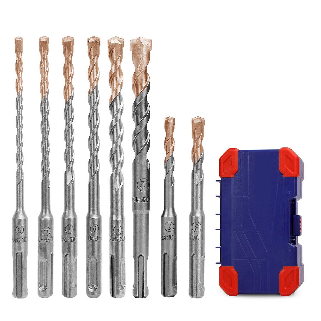 WORKPRO 8-Piece SDS Plus Rotary Hammer Drill Bit Set, Metric Drill Bit, Carbide Tip, for Brick, Concrete, Stone and Cement (Without Nails) - Storage Case