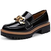 IDIFU IN2 Platform Loafers for Women Dressy with Metal Chain Slip On Low Chunky Block Lug Sole Heeled Penny Loafers Comfort Closed Round Toe Dress Shoes Office Work Business Casual Fall Loafers Shoes