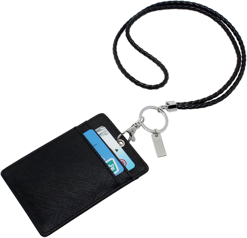 Boshiho Vertical Style Leather ID Card Badge Holder with Keychain Lanyard 1 ID Clear Window Vertical Style (Black with Keychain) - Image 4