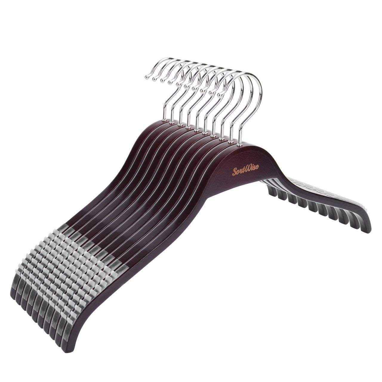 SortWise 10 Pack Solid Wooden Hangers with Non Slip Rubber Strip and