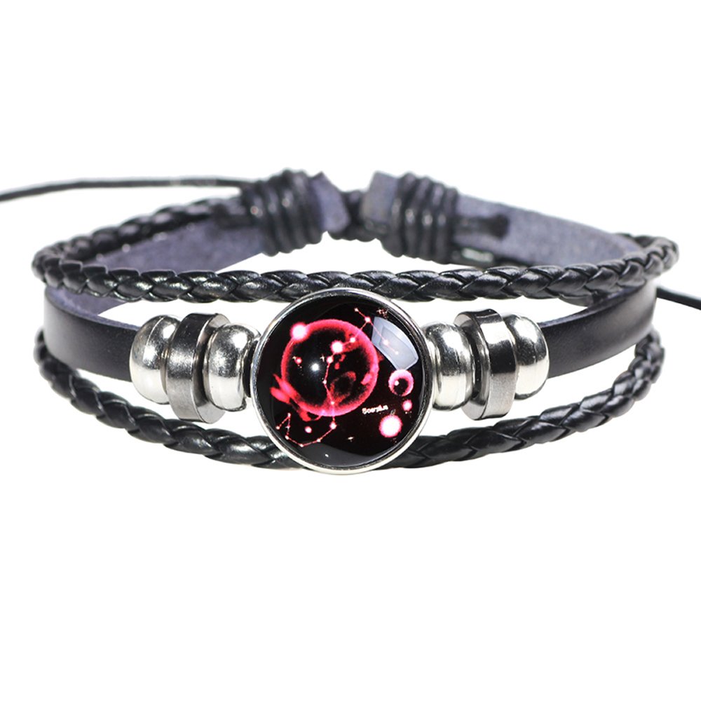 H.ZBRUJ Punk Leather Constellation Cuff Bracelet - Scorpio Beaded Star Punk Multilayer Braided Rope Chain Bracelet - 8Inch & 11Inch for Men & Women