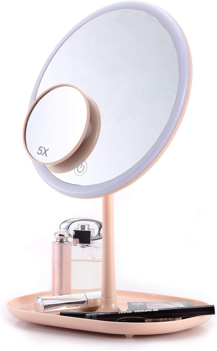 Lighted Makeup Mirror, 8 Inch LED Vanity Mirror with 5X Magnifying Spot Mirror, USB Rechargeable, Adjustable Brightness Touch Screen & Storage Base (Pink)