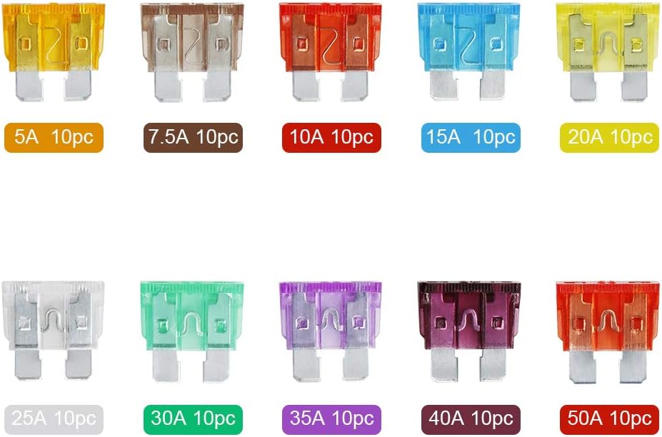 AHL 100pcs Auto Motorcycle Car Boat Truck Blade Fuse Box Assortment 5A 7.5A 10A 15A 20A 25A 30A 35A 40A 50A: Automotive