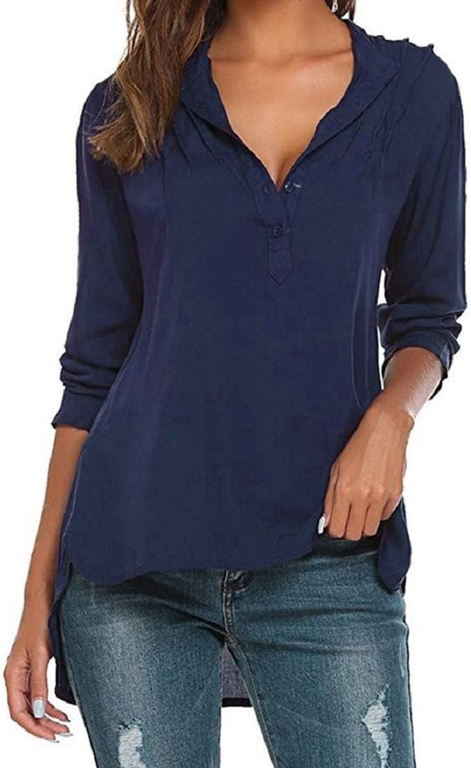 LowProfile Womens Solid Button Long Sleeve High Low Tunic Tops Chiffon T-Shirt Blouse