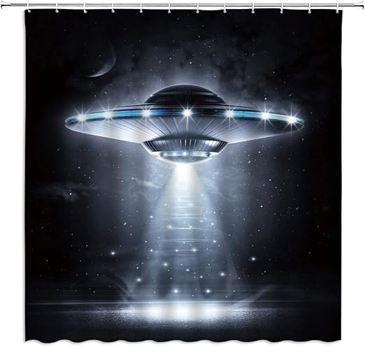 Amazon Com Dachengxing Outer Space Ufo Shower Curtain Decor Aliens Spaceship Beam To Starry Night Sci Fi Theme Fabric Bathroom Set Hooks Included 70x70 Inch Black Gray Kitchen Dining