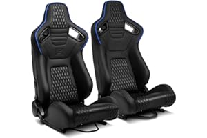 ModifyStreet Pair of All Black PVC Snake Pattern+Blue Stitching & Rear Carbon Fiber Style leather Reclinable Racing Seats W/Silders