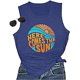 Here Comes The Sun Tank Tops Women Sunshine Graphic Sleeveless Vintage Travel Vacation Tops Summer Beach Shirts