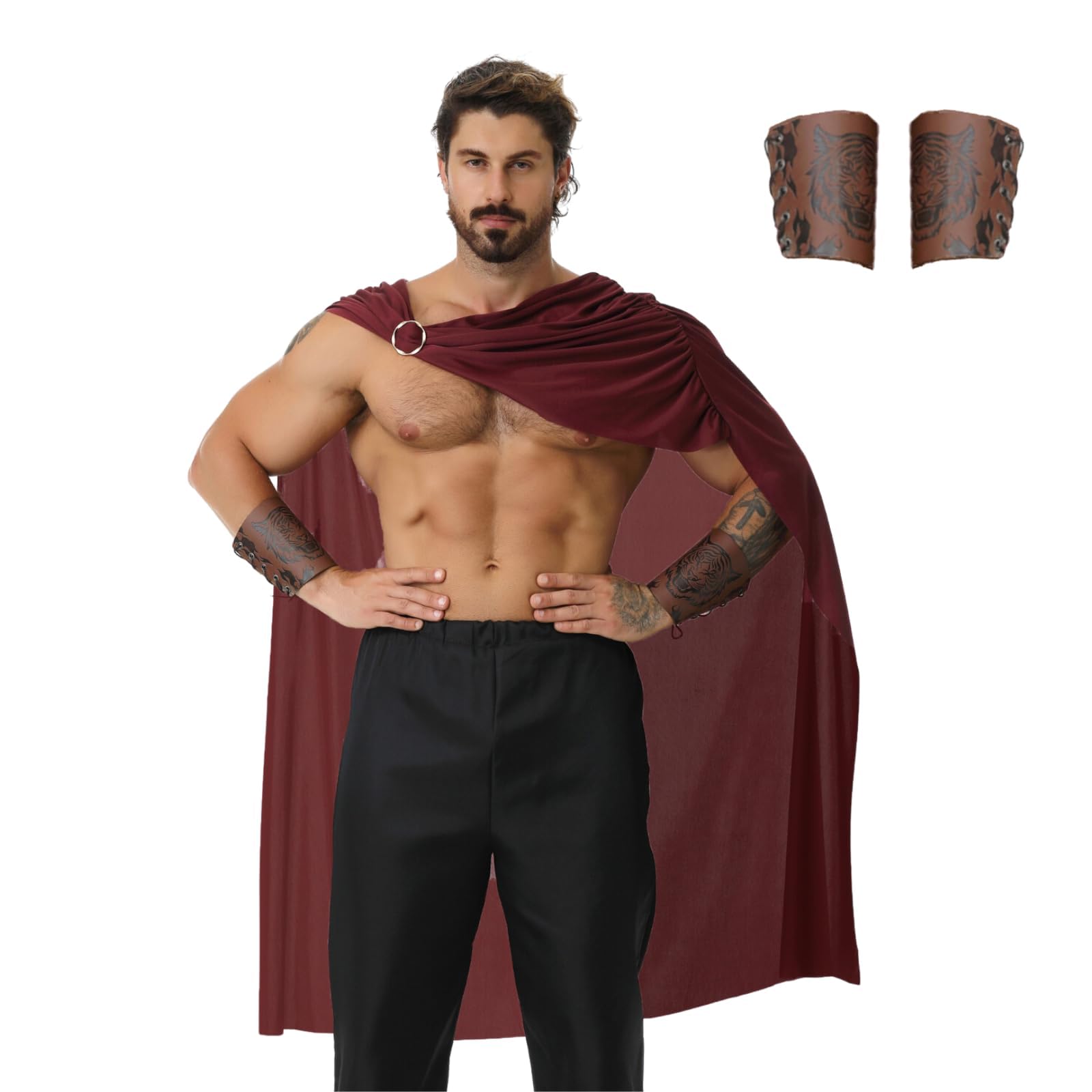 maxToonrain Men's Spartan Warrior Costume with 2 Pcs Wristbands Greek Roman Gladiator Soldier Cloak Historic Fancy Dress for Halloween Christmas Larp World Book Day (Dark Red, 128CM)