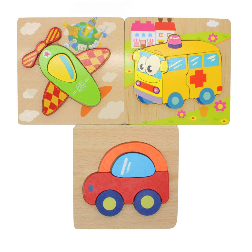 FeiWen Wooden Vehicle Jigsaw Puzzles 3 Pieces -Educational Toys For Boys And Girls Gift (Vehicle)