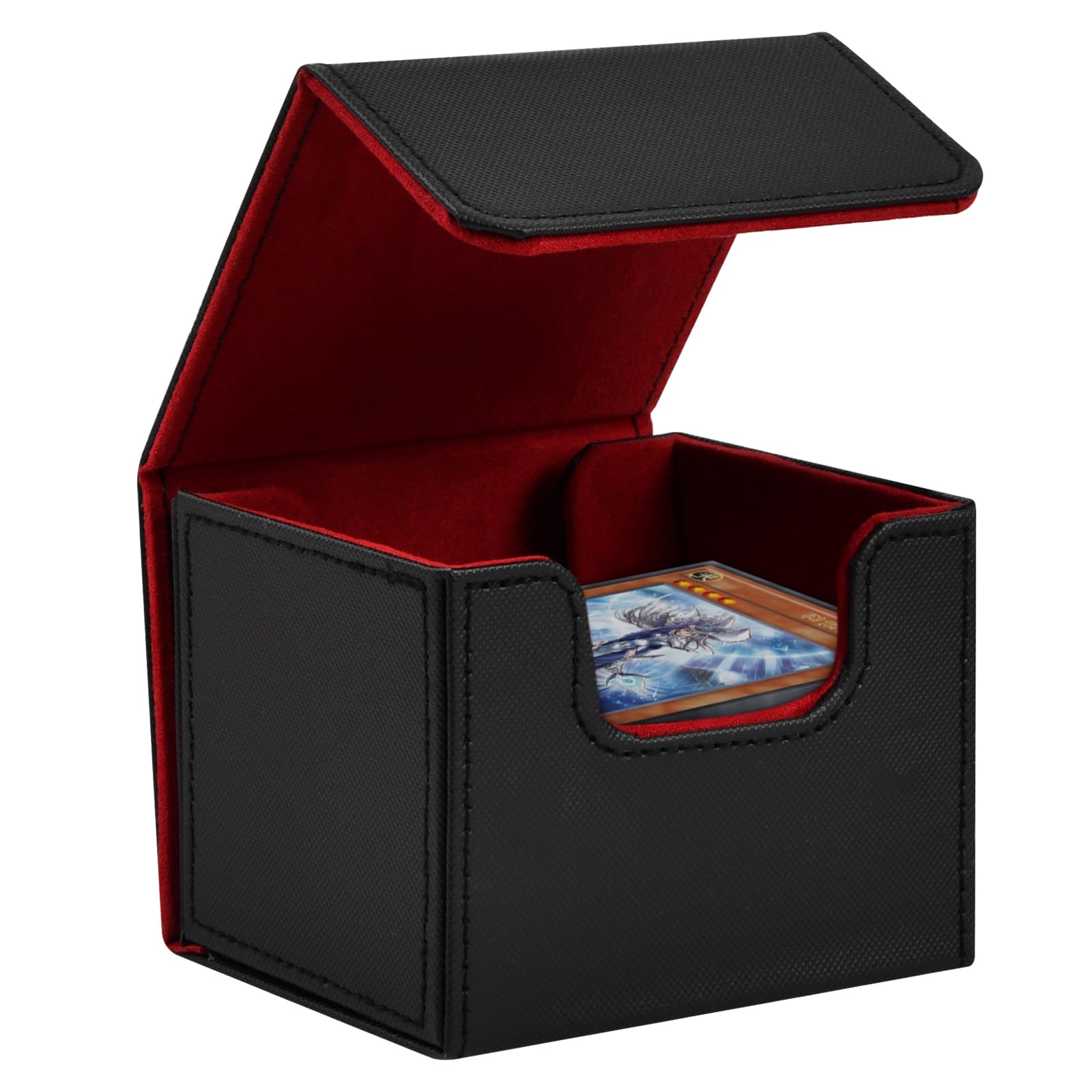 Minjuna Card Deck Box for MTG CCG TCG Cards, Magnet Card Deck Case Holder, Card Game Deck Storage Box Case, PU Leather, Fits 100+ Sleeved Cards, (Black + Red)