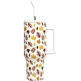 Fall Tumbler 40 oz with Handle and Straw, Fall Autumn Leaves Tumbler Gifts for Women Thanksgiving Cup Holder Friendly Insulated Travel Mug Stainless Steel Water Bottle
