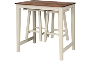 Giantex 3 Piece Pub Dining Set, Counter Height Pub Table with 2 Saddle Bar Stools, Tavern Collection Table Set for Living Room, Kitchen, Small Space (Brown & Milky White)