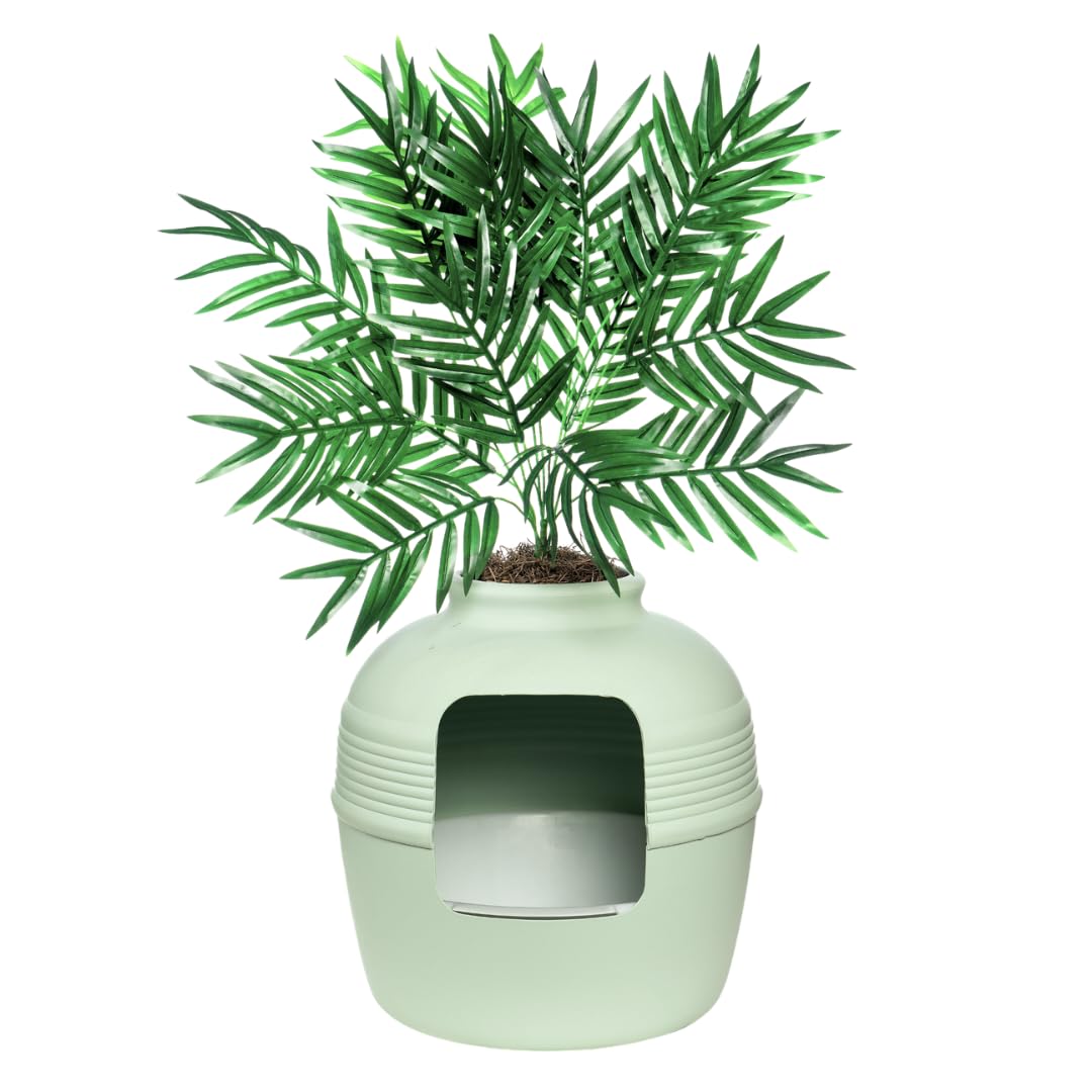 Good Pet Stuff Hidden Cat Litter Box Enclosure with Artificial Plant, Decorative Round Planter, Removable Tray, Charcoal Filter Odor Control, Easy-to-Clean, Made in USA, Essentials Kit, Green Image
