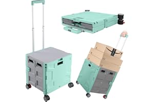 ZIYOU LANG Foldable Shopping Utility Cart Portable Rolling Crate Handcart with 360°Rotate Wheel,Hidden Lid,Telescoping Handle Collapsible for Travel Shopping Moving Storage Office Use(Green/Gray)