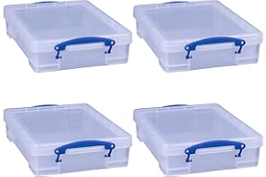 Really Useful Box 4 Liter Plastic Stackable Storage Container w/Snap Lid & Built-In Clip Lock Handles for Home & Office Organization, Clear (4 Pack)