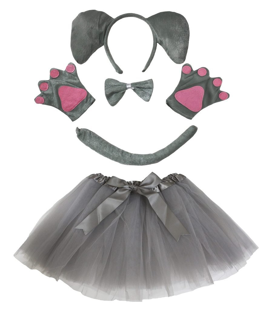 Petitebelle Elephant Headband Bowtie Tail Glove Tutu 5pc Lady Costume (Gray)