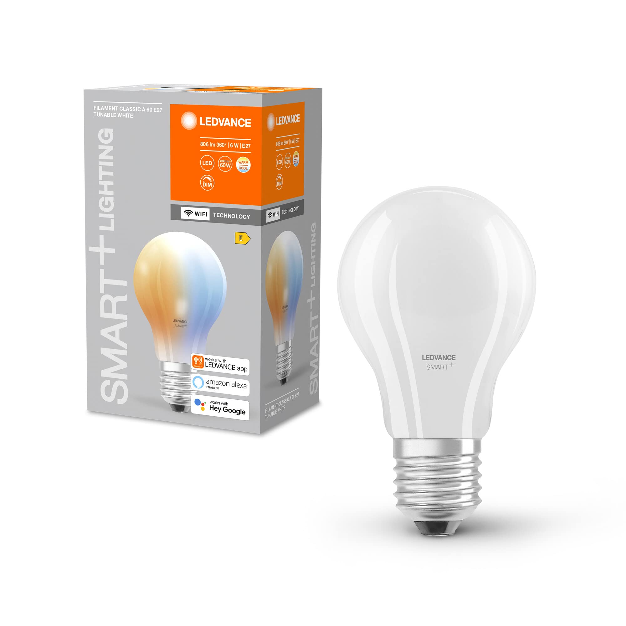 LEDVANCE Smart LED lamp with WiFi Technology, E27-base matt Glass ,Light Colour Changeable (2700K-6500K), 806 Lumen, 60W-Replacement, Smart dimmable, 1-Pack
