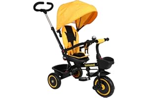 700KIDS Lamgool Toddler Tricycles 4 in 1 Stroll Trike with Push Handle Removable Canopy Detachable Guardrail Retractable Foot Plate Safety Harness Storage Stroller Kids Tricycle for 12Months to 5 Years Yellow
