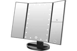 WEILY Makeup Mirror with 21 LED Lights,Two Power Supply Modes, Adjustable Touch Screen and 1x/2x/3x Magnification Tri-Fold Vanity Mirror,Chargeable Travel Cosmetic Mirror for Desktop (Black)