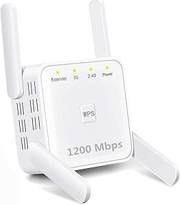 WiFi Range Extender, 1200Mbps Wireless Signal Repeater Booster, Dual Band 2.4G and 5G Expander, 4 Antennas 360° Full Coverage, Extend WiFi Signal to Smart Home & Alexa Devices(KW1200M02) (1200Mbps)