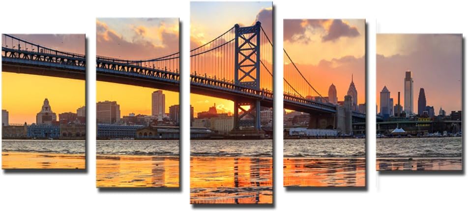 Noah Art-Philadelphia Skyline Wall Art, Ben Franklin Bridge Contemporary City Painting Landscape Pictures on Canvas Prints, Framed and Gallery Wrapped 5 Piece Wall Art for Living Room, 50" Wx24 H