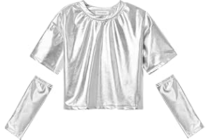 Perfashion Girls Metallic Shirts with Arm Sleeves, Shiny Crop Top for Dancing, Raves, Festivals, Costumes 4-15 Years