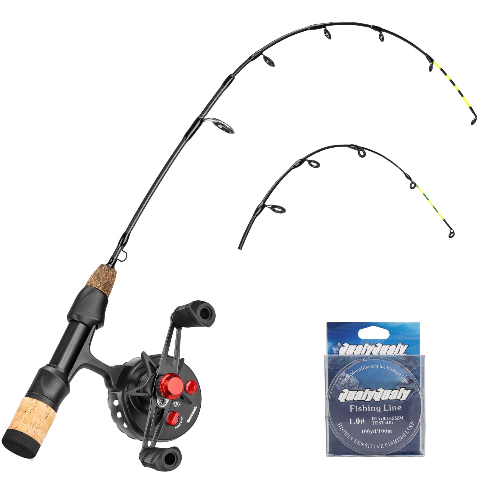 Photo 1 of QualyQualy Ice Fishing Rod and Reel Combo 24 inch M/ML Inline Ice Fishing Combos 2 Different Tips for Walleye Perch Panfish and Trout, Left Hand