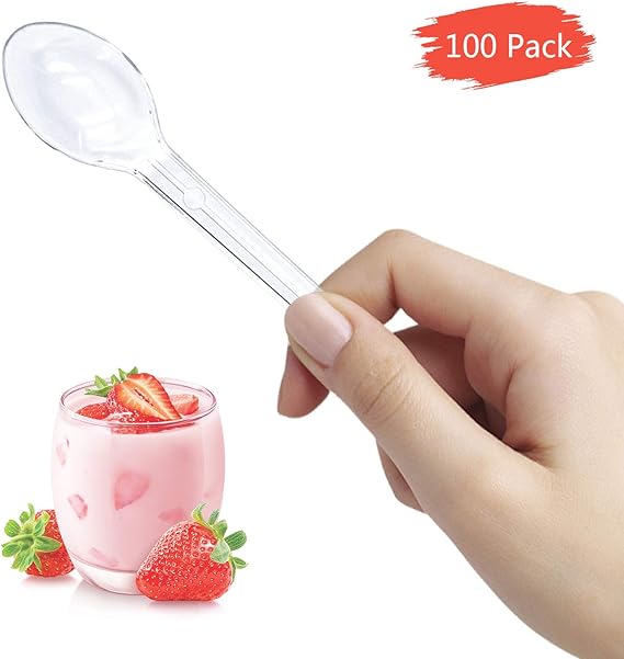 SANTOO 100pcs Mini Disposable Dessert Spoons, Plastic Transparent