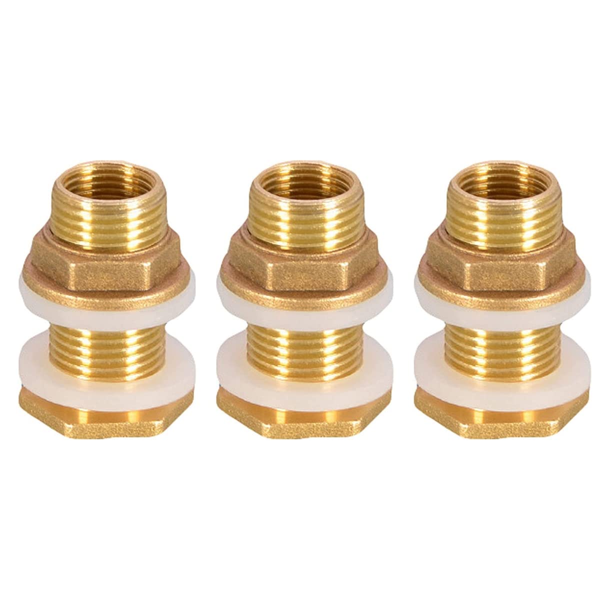 Tokiudeeir Solid Brass Bulkhead Fitting, 3 Sets 3/8 Inch Female 1/2 Inch Male Solid Brass Water Tank Connector Threaded with Ring