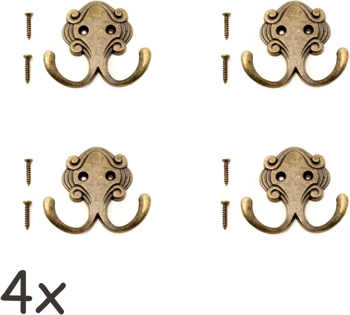Fuxxer® antique style double coat hooks, cast iron in bronze look, set of 4, 5.2 x 5.7 x 2.2 cm - Image 3