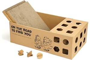DEAMOSER 3-in-1 Multi-Functional Cardboard Cat Scratcher Box with Double-Sided Scratch Pad and Interactive Toy Assortment - Includes Refillable Pads and Treat Puzzle Box - Ideal for Indoor Cats