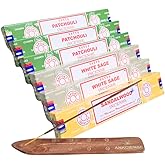 Satya Patchouli, White Sage & Sandalwood with ANKCIENSE Incense Holder Pack of 3 fragrances Variety Pack of 90 Sticks Satya Nagchampa Natural Incense Insense Insence