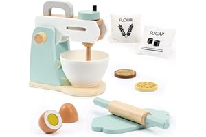 Play Kitchen Accessories, Frogprin Wooden Toy Mixer Set, Pretend Play Food Sets for Kids Kitchen - Includes Extra Egg, Rolling Pin, Cookies, Sugar, Flour
