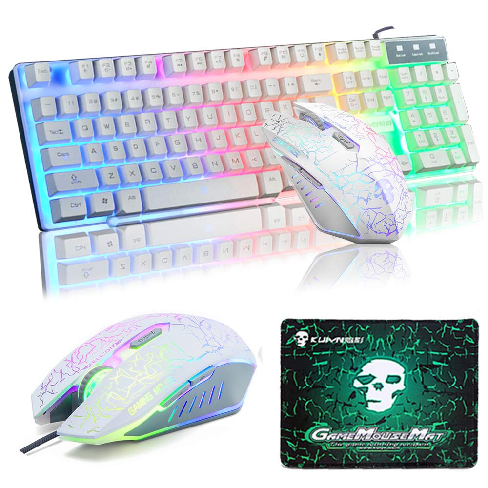 UrChoiceLtd Keyboard Mouse Sets, T16 Wired Gaming Keyboard Rainbow Backlit Ergonomic USB Keyboard + 2400DPI Mouse 6 Buttons Optical LED Gaming Mouse For Laptop Computer + Cool Gaming Mouse Pad(White)