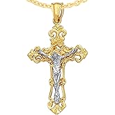 Floreo 14k Yellow Gold 1.3" Filigree Openwork INRI Jesus Crucifix Two-Tone Cross Charm Pendant with optional Adjustable Chain Necklace