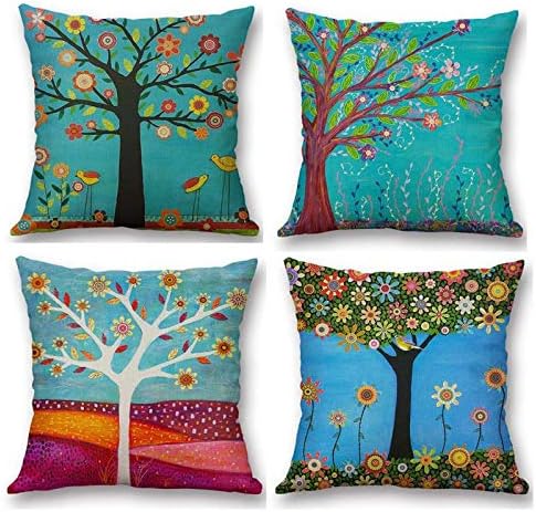 YIJUHT Cartoon Cushion Covers Decorative Colorful Tree Square Throw Pillow Cases for Living Room Sofa with Invisible Zipper 45cm x 45cm - 18 x 18 Inches Set of 4