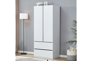 Sophshelter Wardrobe Armoire Storage Cabinet Wood: 2 Door 2 Drawers White Closet Cabinet for Large Capacity with Hanging Rod and Handles Armoire Storage Cabinet