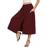 lionstill Women's High-Waisted Relaxed Fit Capri Culottes Flowy Palazzo Pants with Practical Pockets Skirt Pant, Wine Red, M