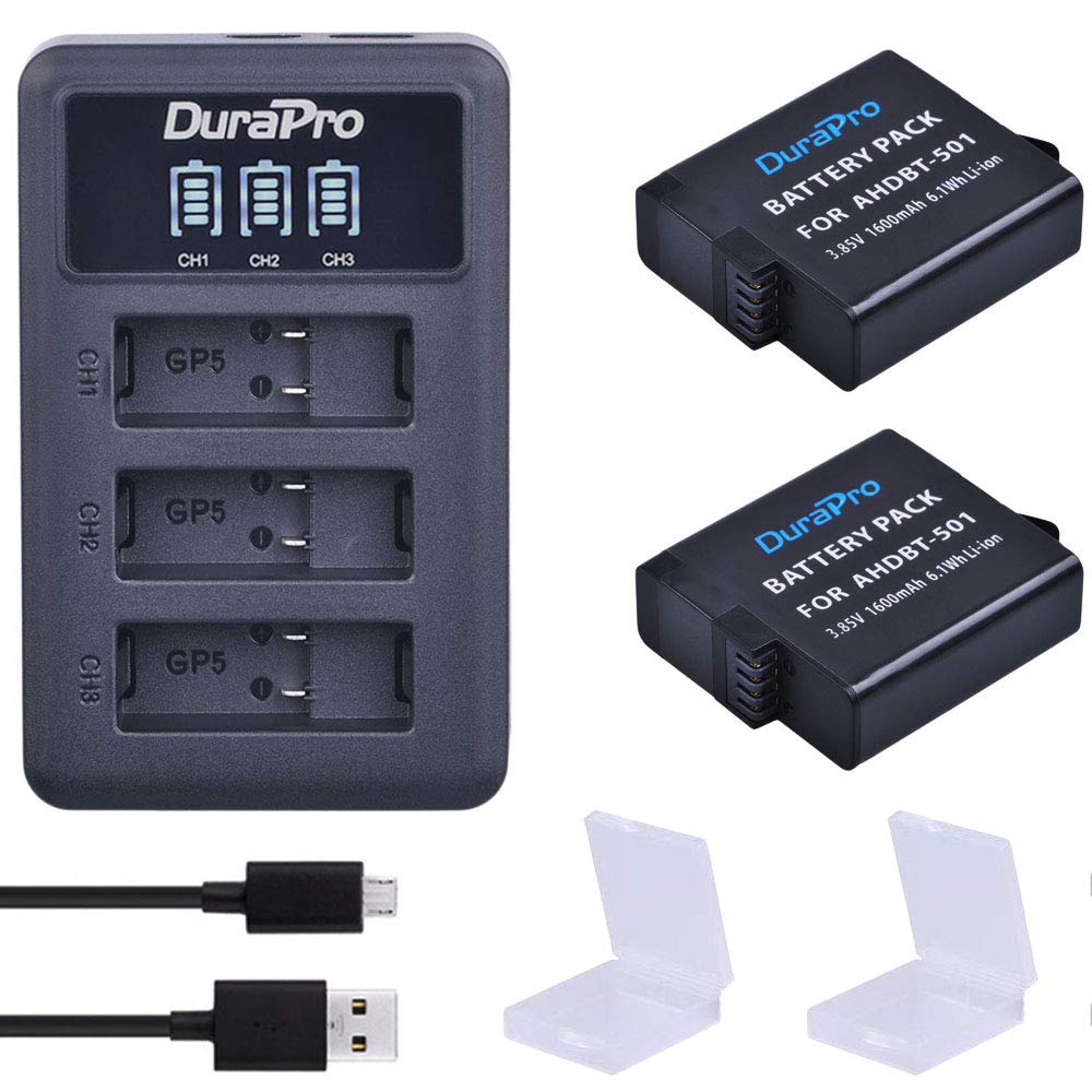 DuraPro 2Pcs AHDBT-501 Battery+ LED 3-Slots USB Charger with Type C Port for GoPro Hero 7 Hero 6 Hero 5 Works with Hero5 all Updated Firmwares