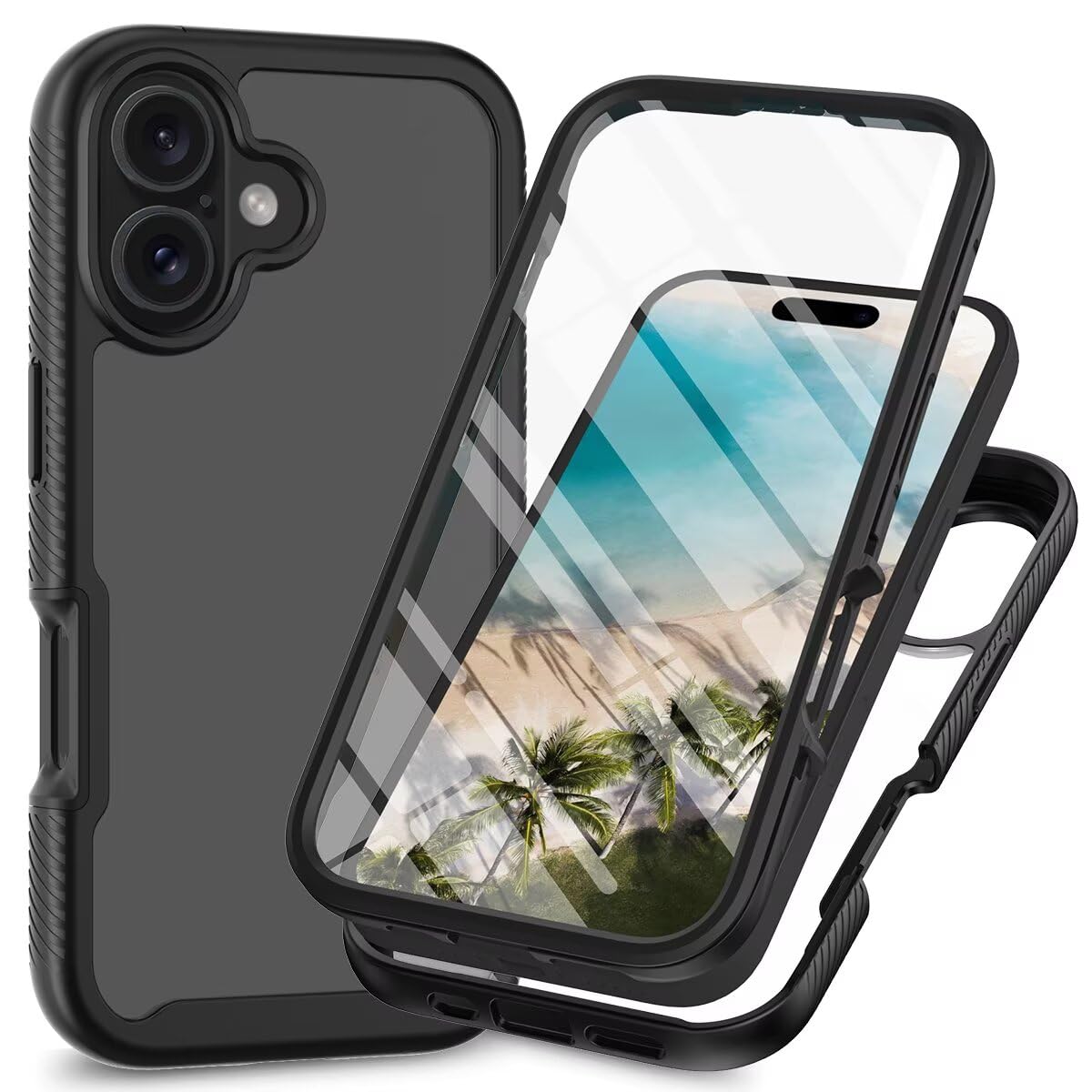 Dfjhure for iPhone 16 Case Built-in Screen Protector Full Body Shockproof Protection Cover tylish Bumper Transparent Back Phone Case Cover for iPhone 16- Black