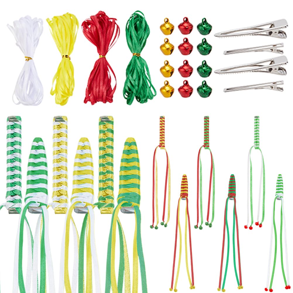 FREEBLOSS 16 Set DIY Ribbon Barette Kit Christmas Ribbon Hair Barrettes DIY Hair Clips Kit Retro Ribbon Barrettes Making Kit Ribbon Hair Accessories for Girls Instructions Included