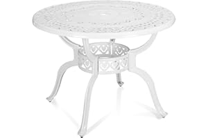 MEETWARM 38.5" Round Patio Dinning Table, Outdoor Cast Aluminum Dinning Table with 2" Umbrella Hole, White