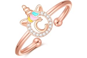 CIVOKINA Dainty Initial Unicorn Rings for Girls Gifts, 14K Gold Plated/Rose Gold/Silver Unicorn Rings for Girls Cute Initial Toddler Ring Hypoallergenic Adjustable Letter Rings for Teen Girls Gifts