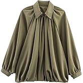 Kissonic Women's Puffed Bomber Jacket Lapel Collar Batwing Sleeve Zip Front Oversized Pleated Shirts Streetwear