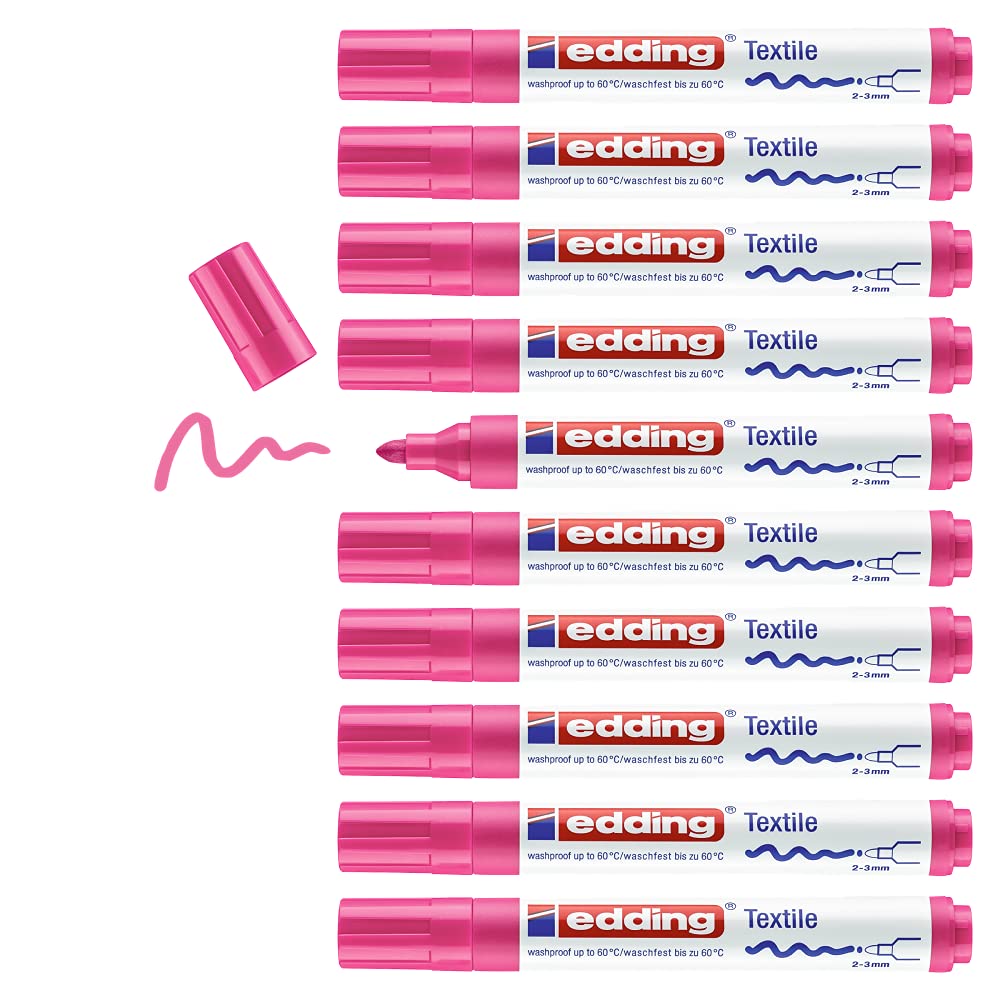edding 4500 textile marker - neon pink - box of 10 - round nib 2-3 mm - permanent fabric markers for drawing on textiles, wash-resistant up to 60 °C - marker pens for fabric lettering
