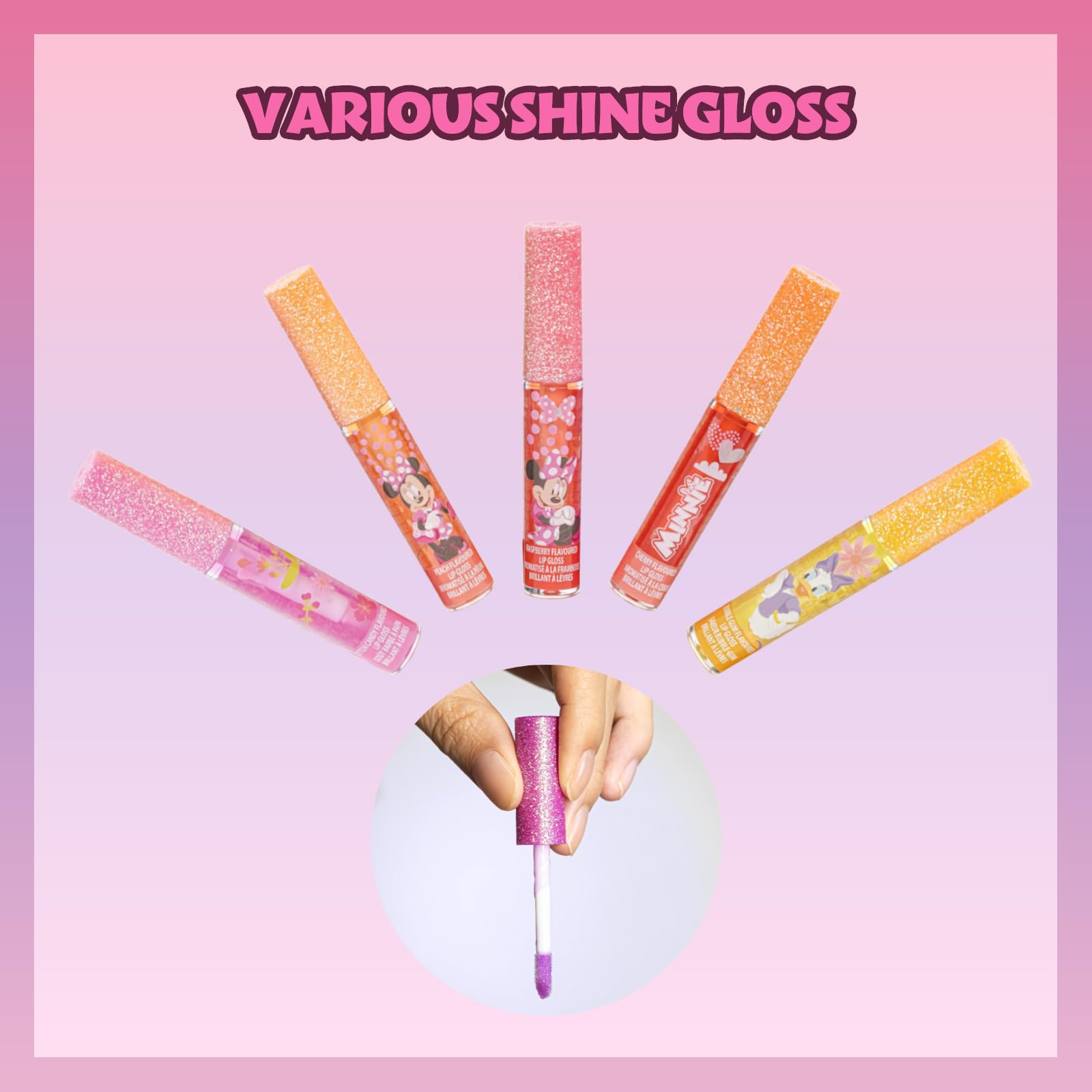 Disney Minnie Mouse 12 Piece Plant Based Lip Gloss, Girls Party Favors, First Makeup Set for Girl, Perfect for Parties, Sleepovers, and Birthday Gifts, Ages 3+, by Townley Girl