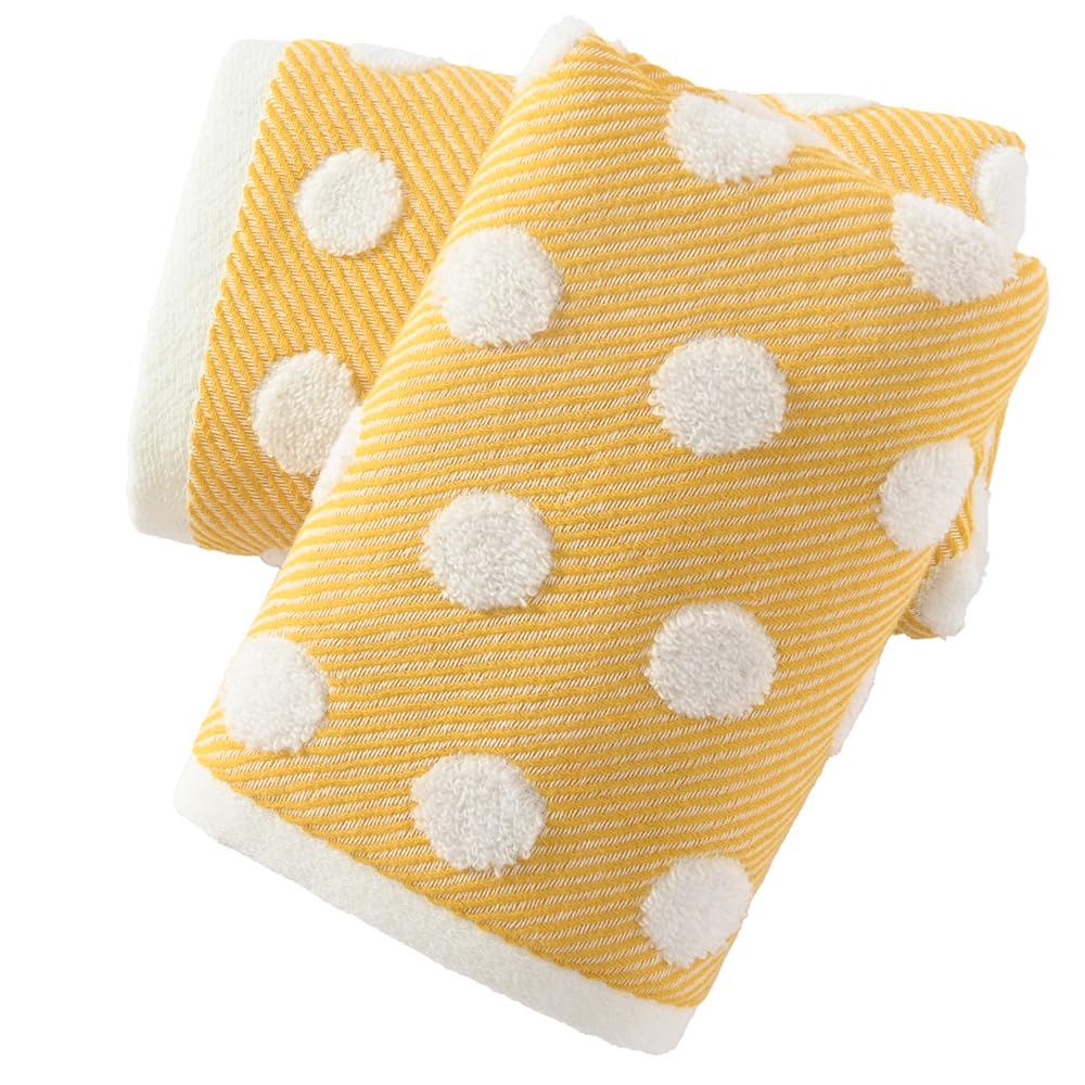 sense gnosis Yellow Jacquard Striped Polka Dot Hand Towels Set of 2 Super Soft 100% Cotton Absorbent White Terry Bath Hand Towels for Bathroom Decorative Gym Camping